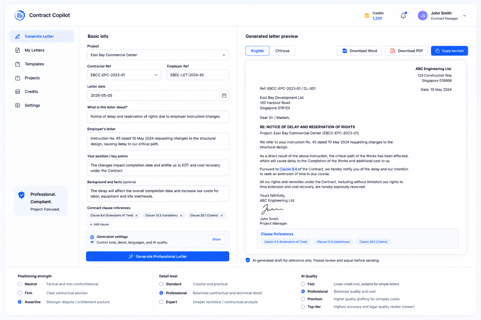 Generate Claim-Ready Contract Letters